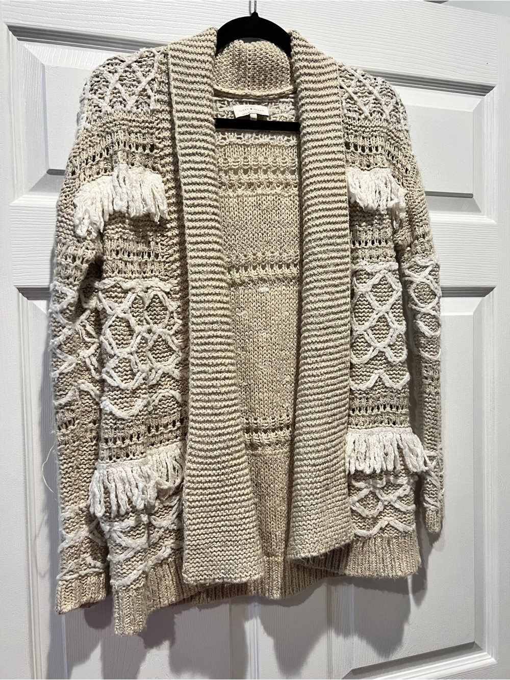 Lucky Brand Cream Fringe Open-Front Knit Cardigan